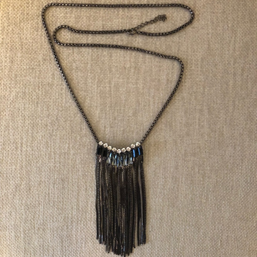 Long rhinestone and gunmetal chain necklace